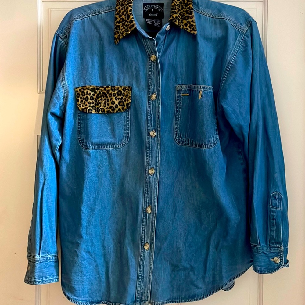 Vintage Denim with Velvet Cheetah Collar and Pocket